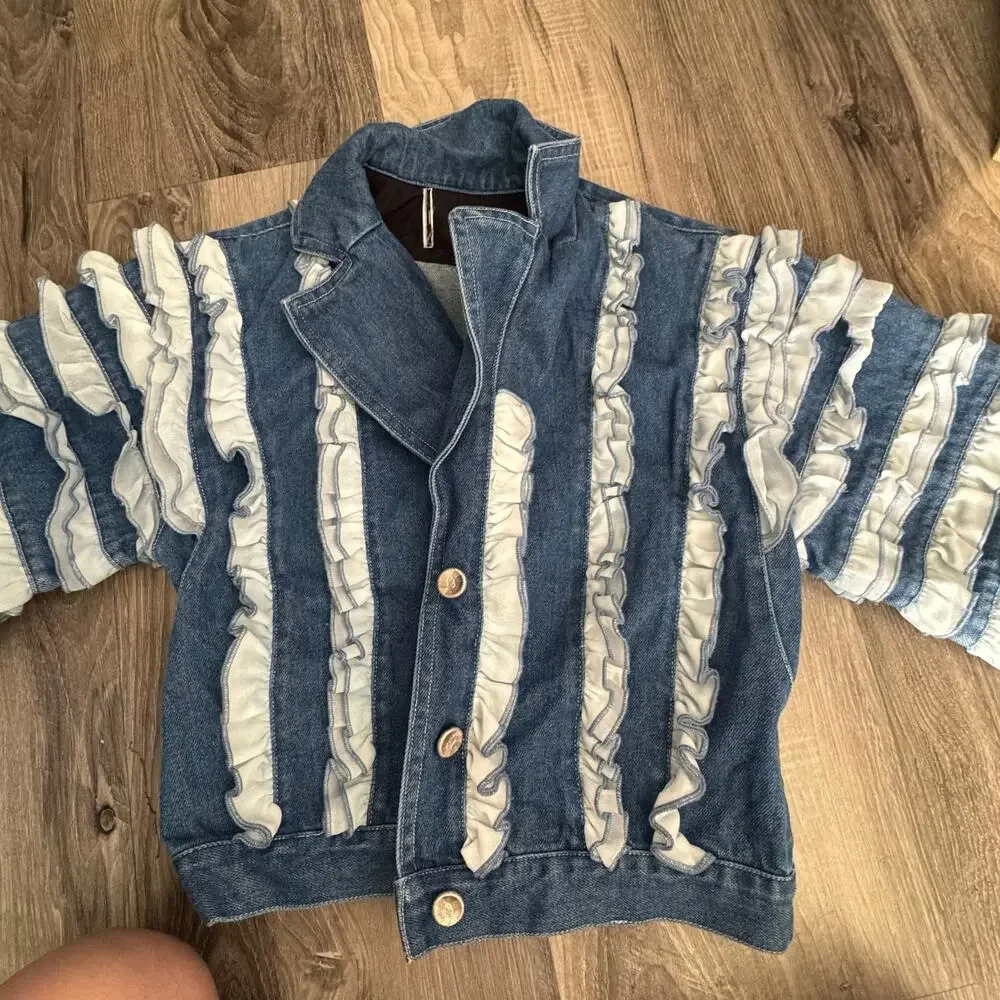 Cropped Ruffle Sleeve Denim Jacket Made Italy Parisian Couture Chic 36 - Picture 13 of 13
